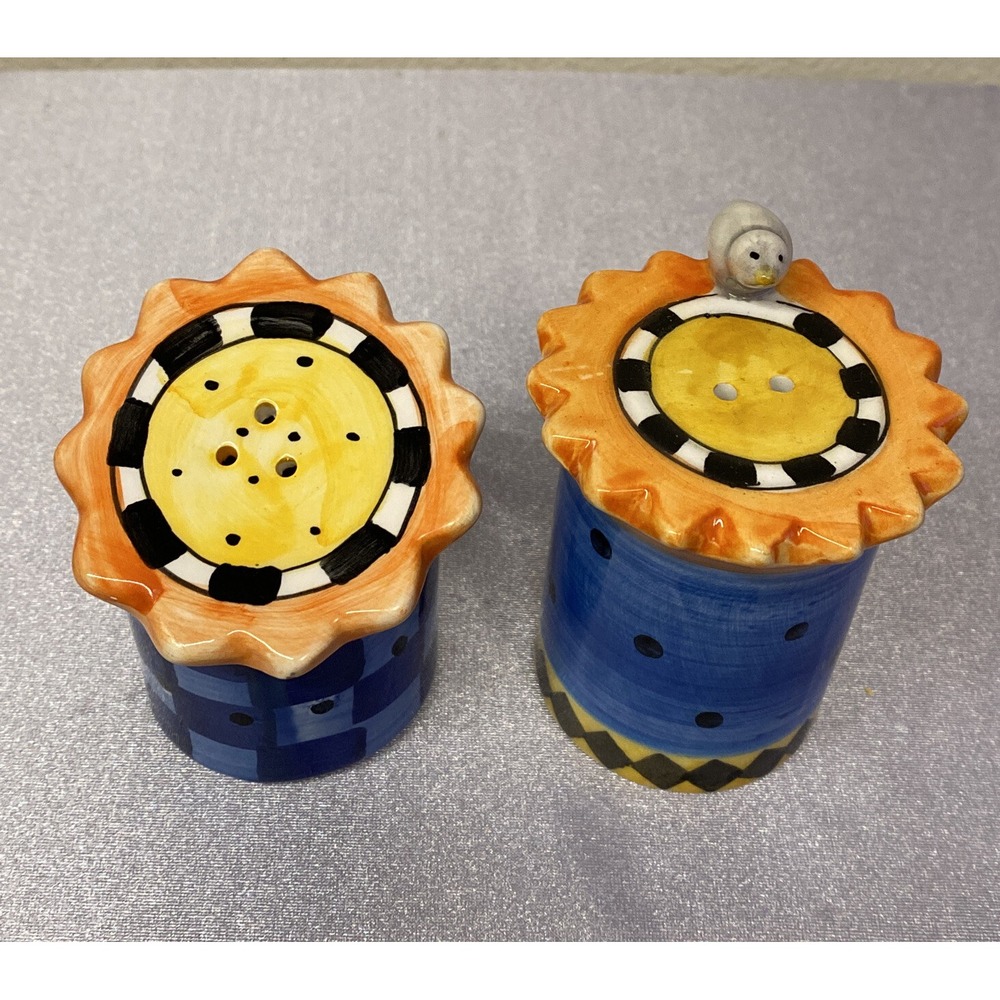Salt & Pepper Shakers SunFlower With Bird Hand Painted 3Oz. Colorful Pre-Owned